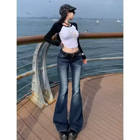 Y2K Slim Fit High Waist Casual Womens Jeans Retro Denim Pants Low Rise Flared Trousers Long Bootcut Drag Autumn for Women