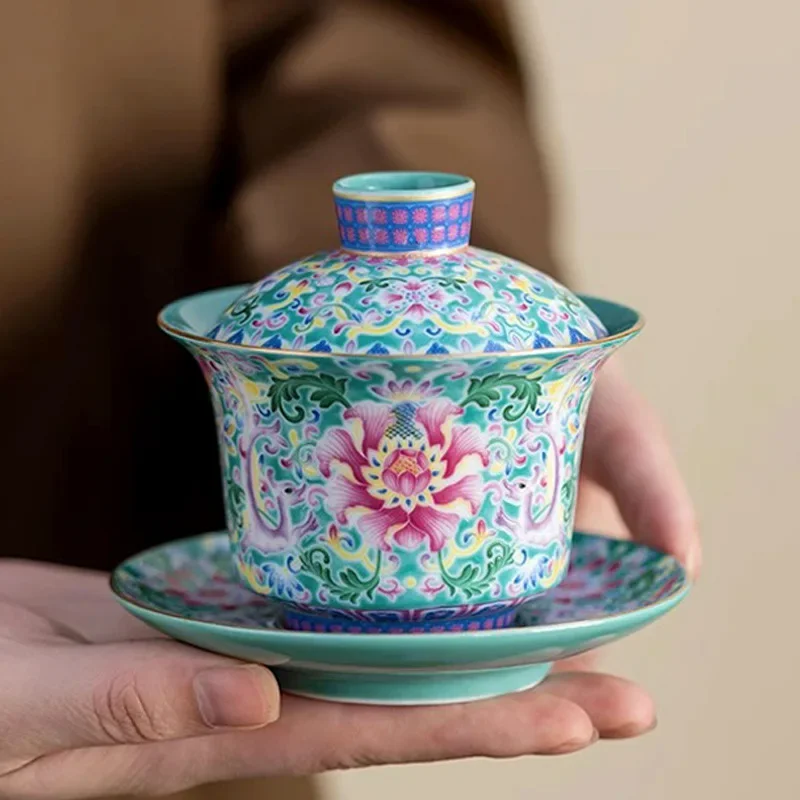 Palace Enamel Horseshoe Covered Bowl Household Sancai Tea Bowl Chinese Style High-end Turquoise Colorful Green Tea Cup with Lid