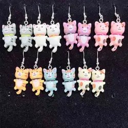 15*19mm Earrings For Girls Women Resin Handmade Cute Colorful Cats Resin Flatback Charms Drop Earrings Funny Gift