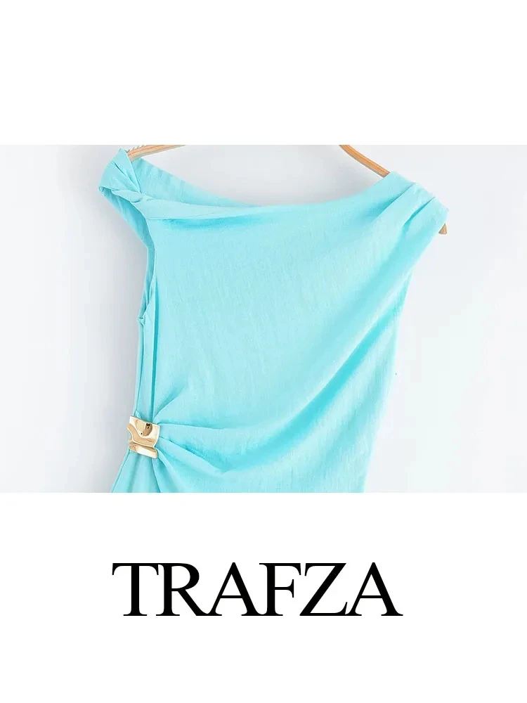 TRAFZA ผู้หญิงแฟชั่นเซ็กซี่ชุดแขนกุดไม่สมมาตรชุดยาวหญิงสไตล์ Slim Chic ผู้หญิงฤดูร้อนชุด