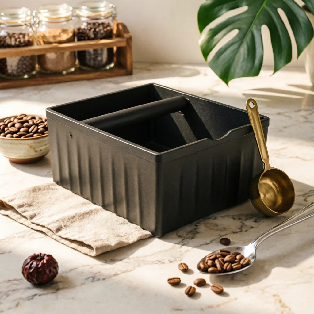Espresso Knock Box Rectangular Coffee Grounds Container Coffee Puck Container Front Notch Countertop Knock Box Non-Slip Base