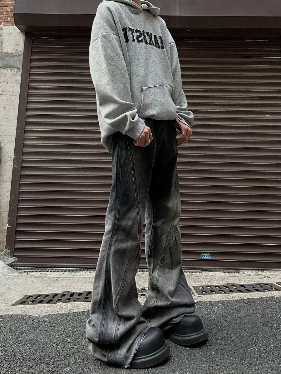 

High Waist Flared Jeans High Street Dirt Fit Men Women Long Pants adient Bla ey Frayed Hem Wide Leg Jeans