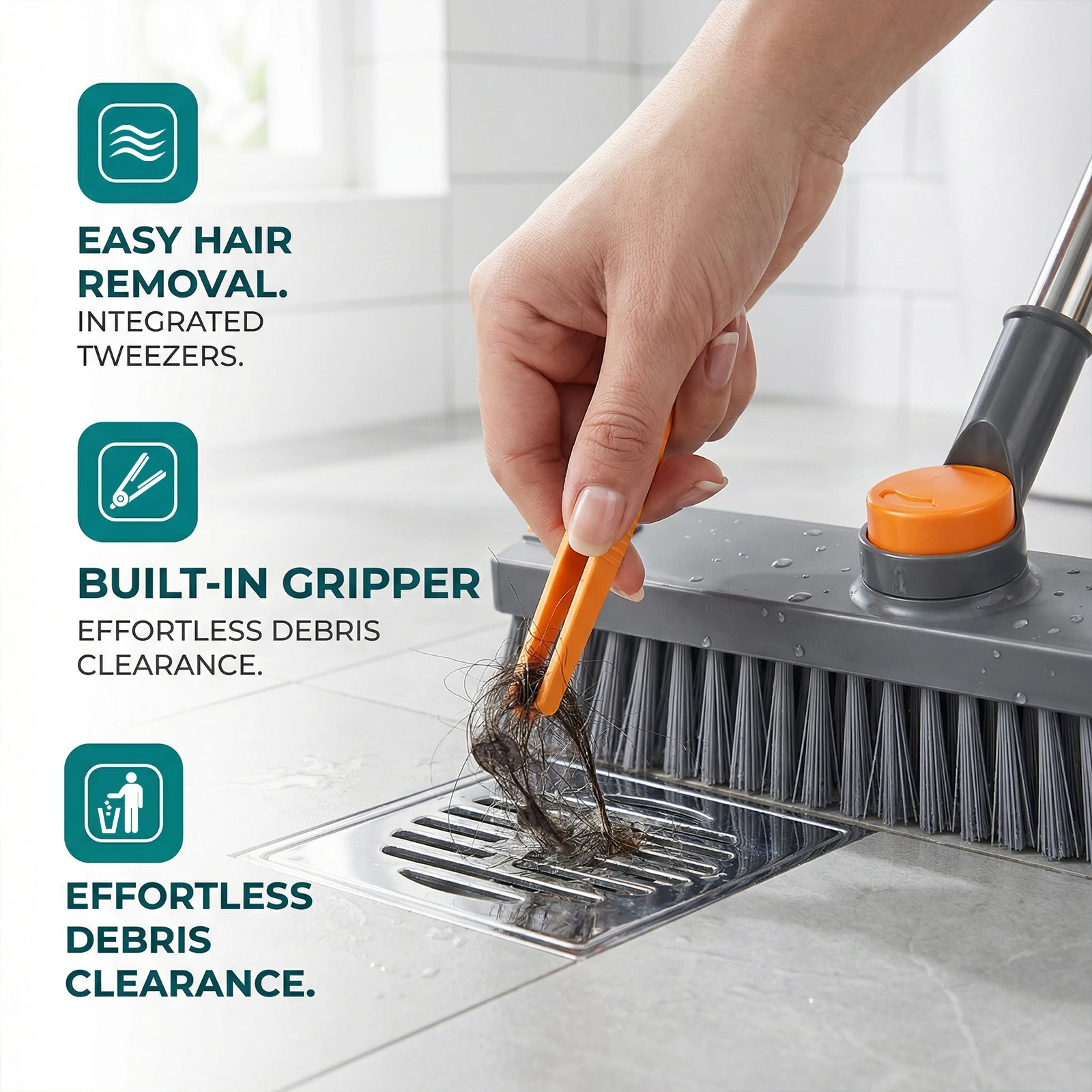 

3 in 1 Floor Scrub Brush with Long Handle Stiff Bristle Shower Scrubber with Squeegee and Tweezer for Cleaning Bathroom Patio