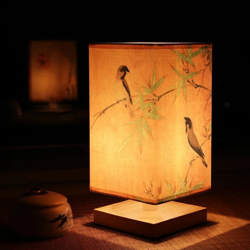 Vintage Chinese Style Wooden Table Lamp Retro Landscape Painting Desk Lamp Lights for Room Decoration Personality Beside Lamp