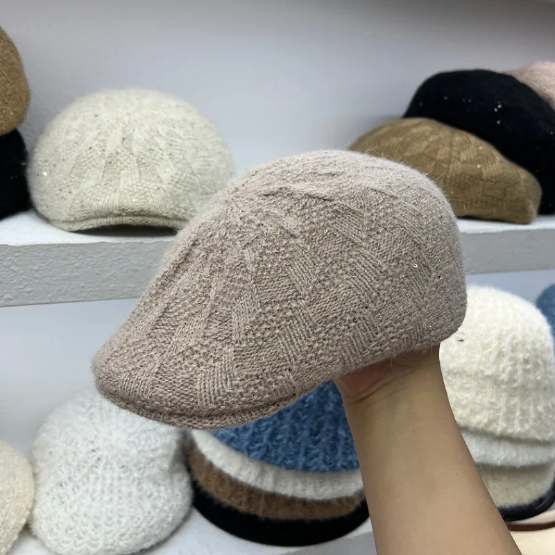 قبعة متماسكة من مزيج الصوف للنساء لخريف وشتاء، قبعة رسام بيريه دافئة مطرزة، قبعة صغيرة بنمط منقوش مخطط