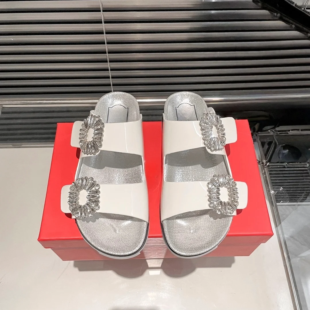 شباشب نسائية صيفية بإبزيم مربع ونعل سميك مع صنادل مسطحة وعصرية، شباشب نسائية من حجر الراين