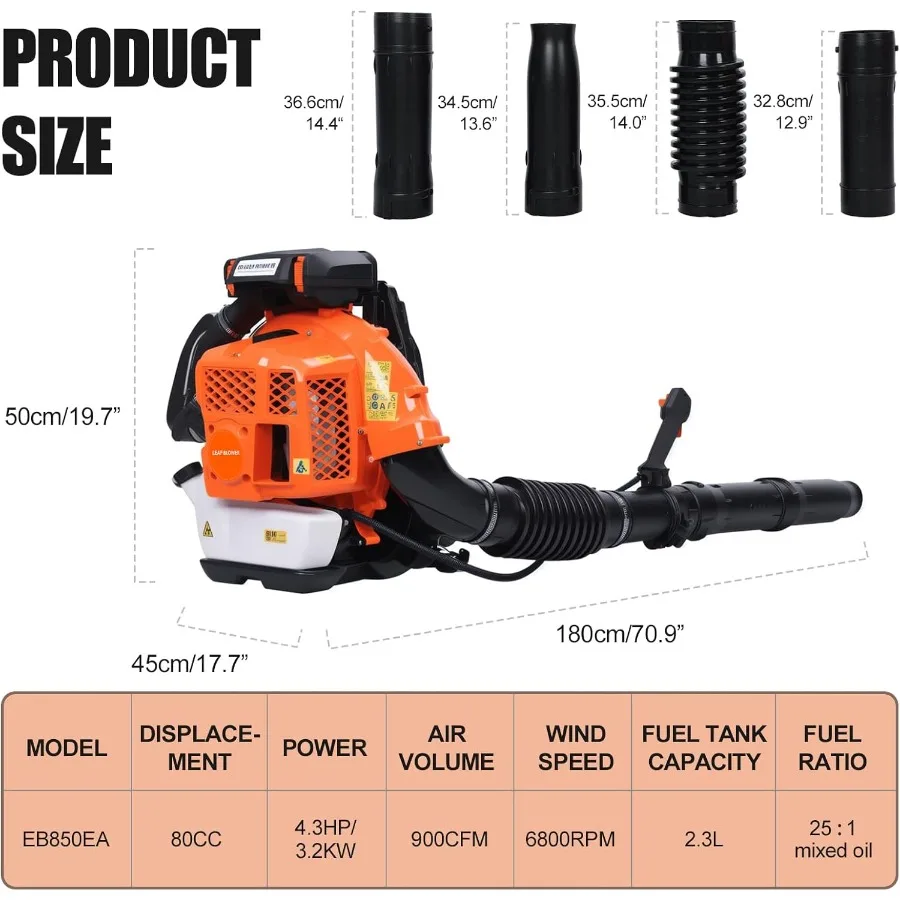 Backpack Gas Powered Leaf Blower 80CC 900CFM 2-Stroke with 6800RPM for Efficient Lawn and Garden Care Ideal for Snow and Grass