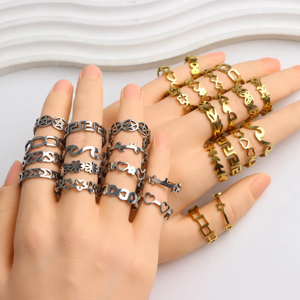 10/20Pcs/Lot Fashion Elegant Geometry Simple Stainless Steel Rings For Women Mix Style Fingers Jewelry Accessories Party Gifts
