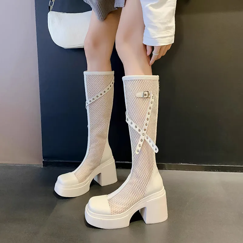 

Thin Thick Bottom Long Boots Women's Mesh Sandals 2025 Summer New Hollow Breathable Mesh Thick Heel High Tube Riding Boots
