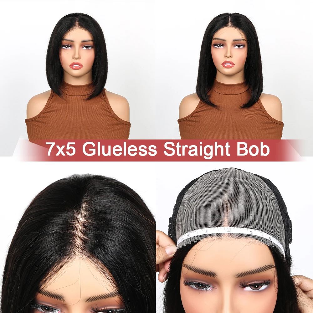 Pelucas sin pegamento 7x5, cabello humano prearrancado, prearrancado, encaje frontal HD, pelucas sin pegamento, cabello humano 180% de densidad, pelucas Bob cortas y rectas