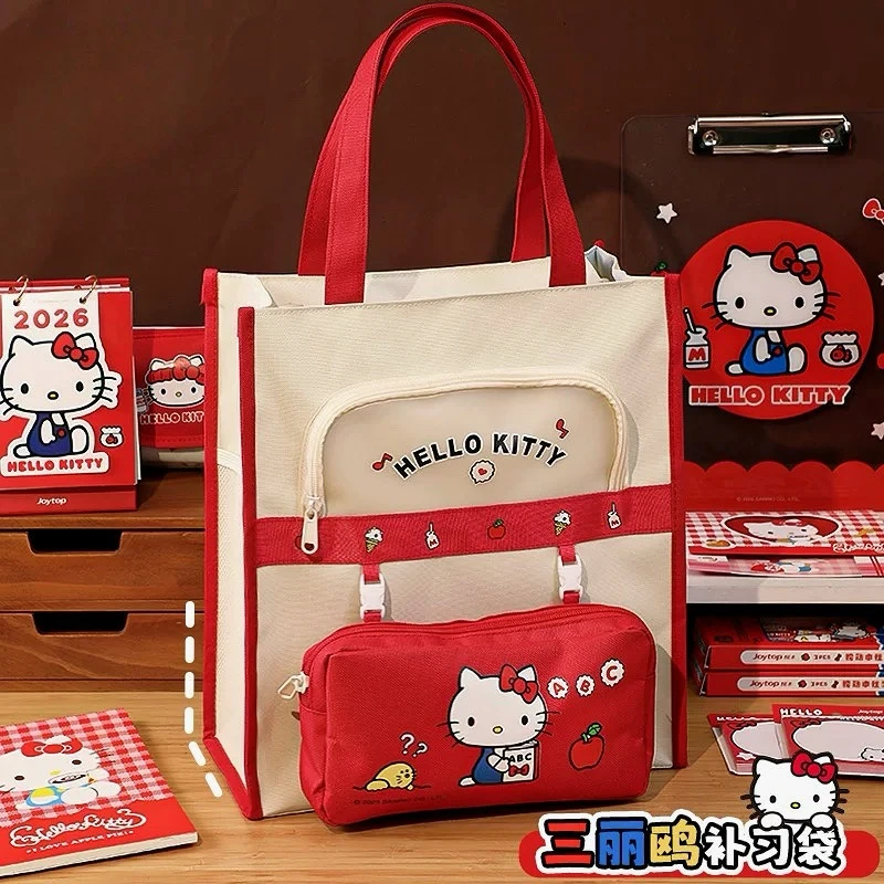 Детская сумка-тоут Hello Kitty для занятий, вместительная сумка для документов и книг для уроков рисования с прикрепленным пеналом