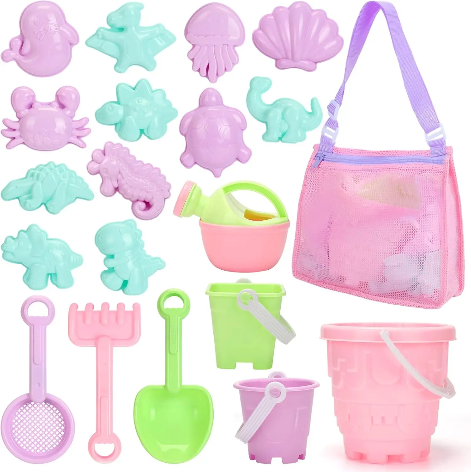 

Beach Sand Toys Set for Kids 3-10 with Bucket, Watering Can, Shovel, Rake, Molds & Shell Bag