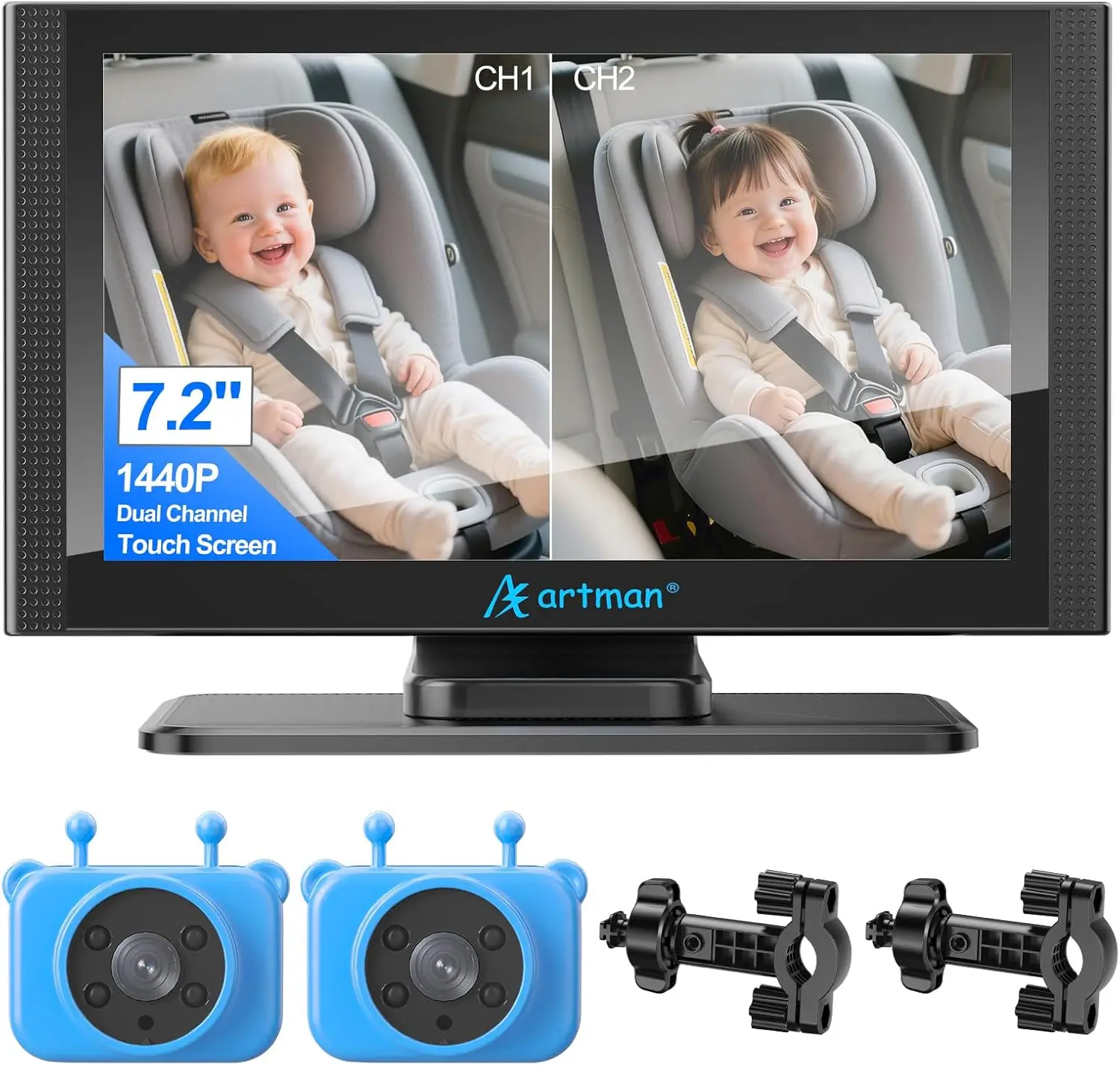 

7.2'' IPS Touch Screen Baby Car Monitor with Dual IR Night Vision, HD 1440P for Kids and Pets, Easy No-Damage Install
