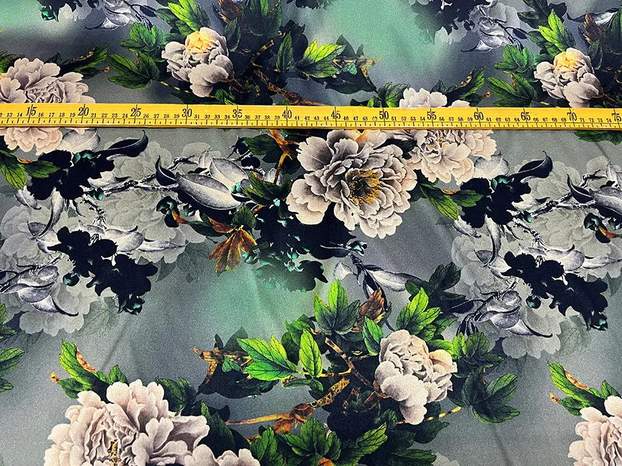 Designer Cloth 19 Momme Real Silk Spandex Satin Clothing Fabric Gray Green Changing Bottom Peony Flower Spray Painting Cheongsam