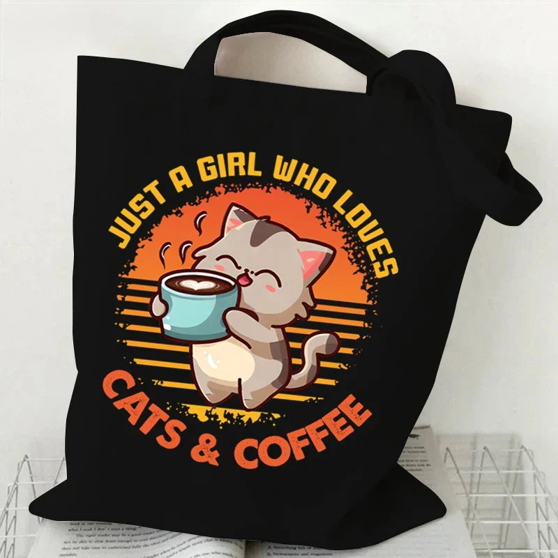 2024 Women\'s Shoulder Handbags Coffee Black Cats Print Large Capacity Shopping Bag Girls Canvas Tote Bag Reusable Foldable Bags