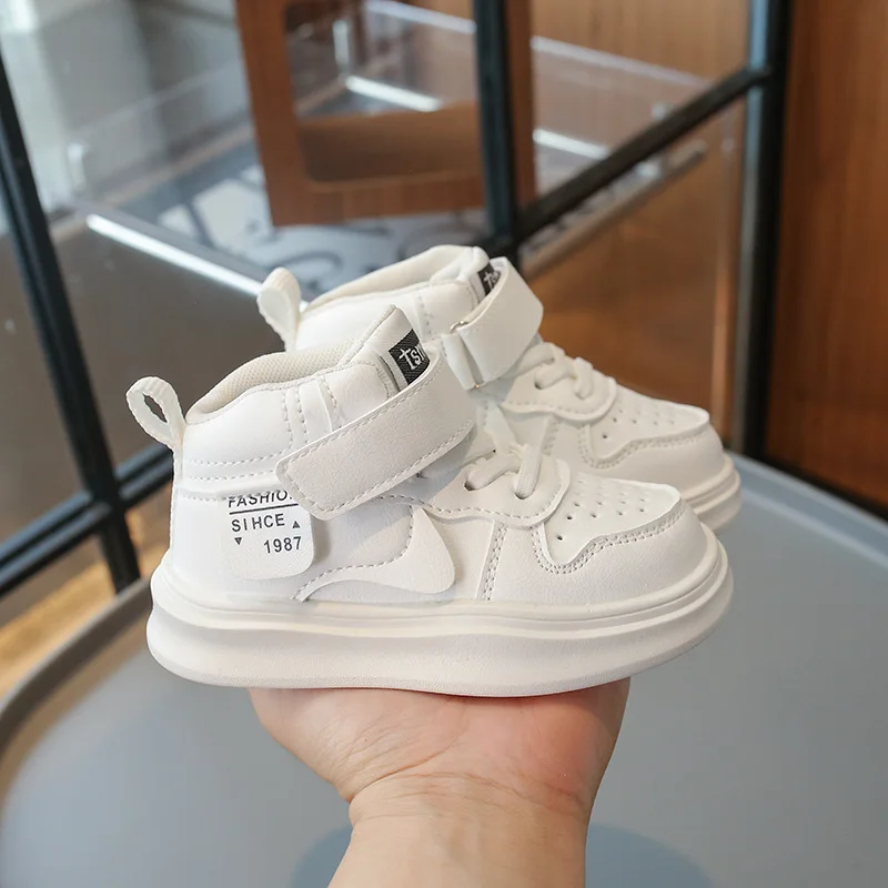 Spring Autumn Children High-Top PU Leather White Sneakers Boys Girls Thick-Soled Vulcanized Shoes Kids Breathable Skate Shoes