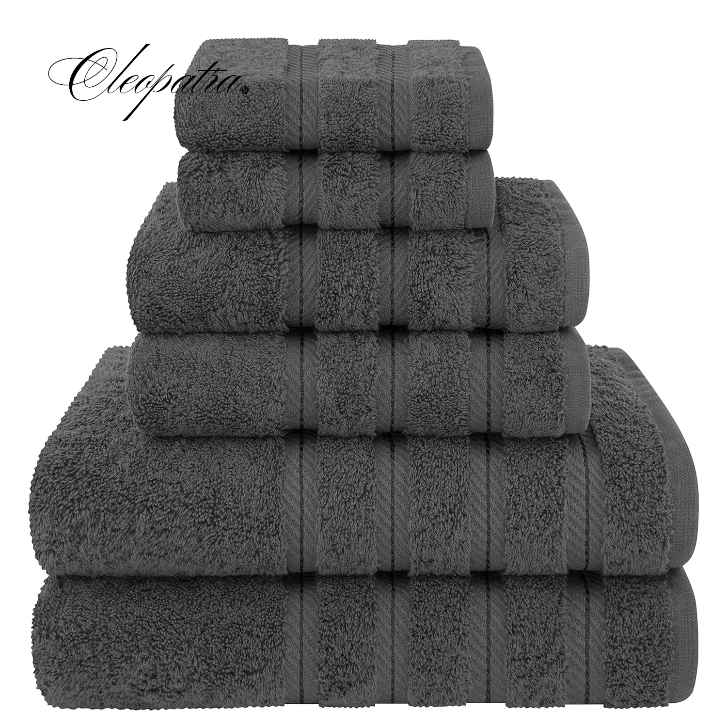 CLEOPATRA Luxury 6 Piece Towel Set 2 Bath Towels 2 Hand Towels 2 Washcloths 100% Cotton Turkish Towel for Bathroom Dark Gray Set