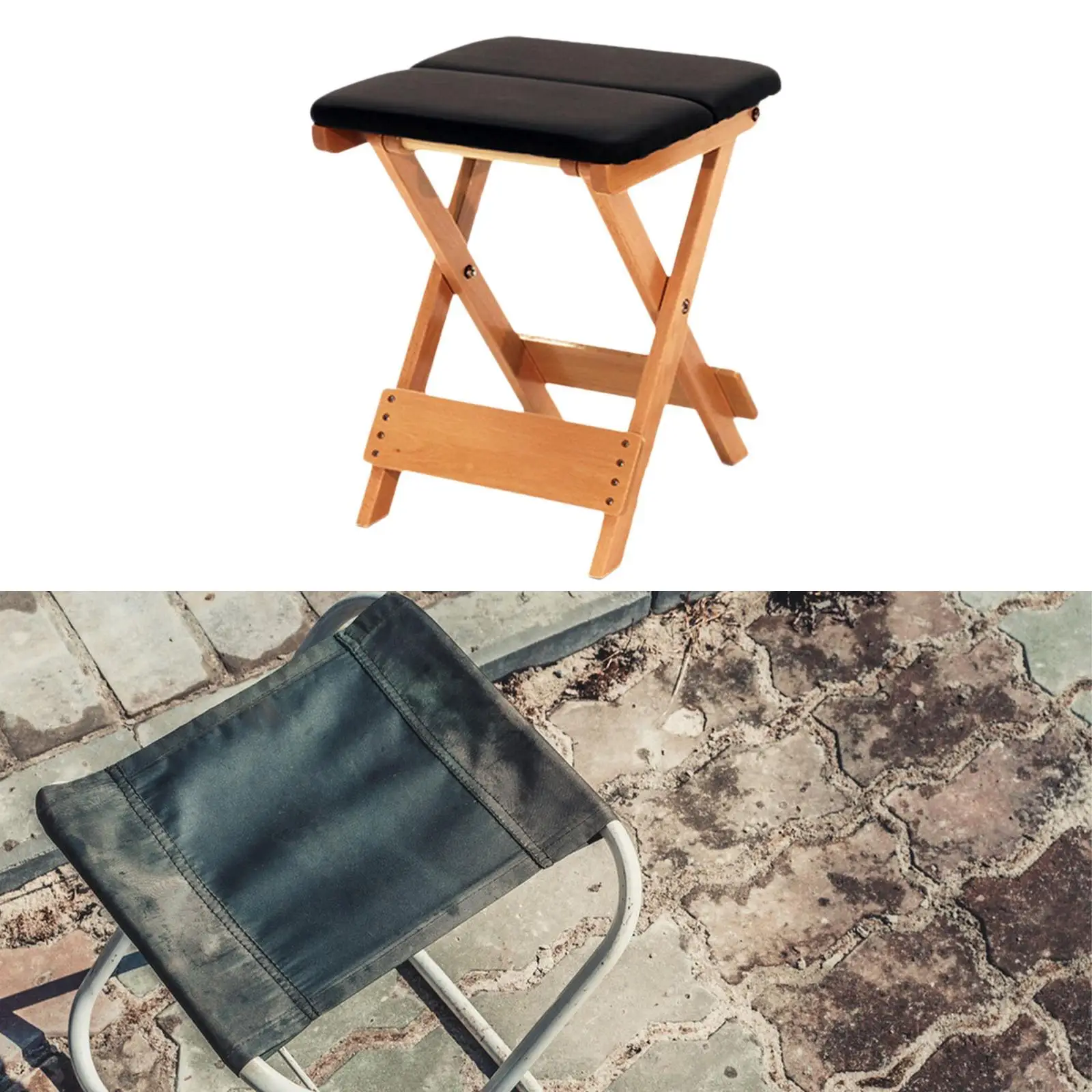 Foldable Stool Foot Rest Fishing Chair Seat Wood with Cushion Foot Stool Wood Folding Stool for Living Room Fishing Bathroom