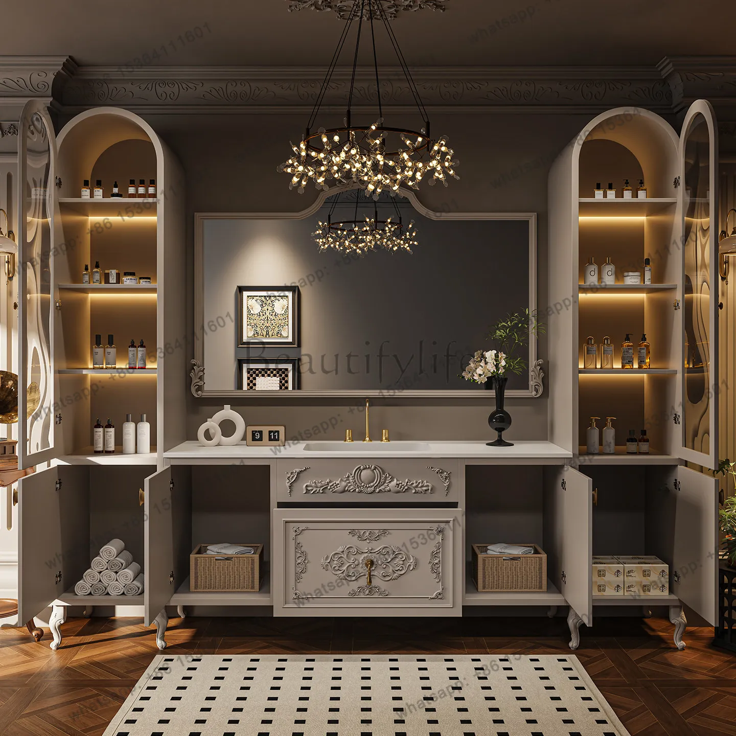 French retro floor-to-ceiling large size bathroom cabinet combination bathroom washbasin wash basin