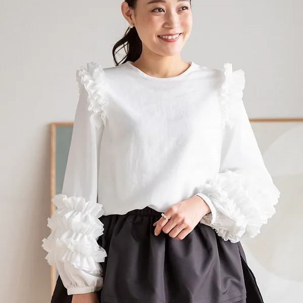 

Gagarich Spring Japanese Blogger Anti-aging Cake Sleeves Double-layer Round Neck French Niche Versatile Commuting Slimming Shirt