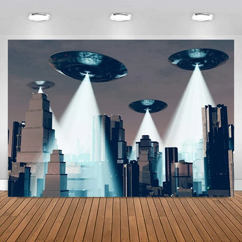 UFO Backdrop Flying Saucer Photography Background Fiction Planet Alien Spacecraft Alien Invasion City Kids Boy Banner decoration