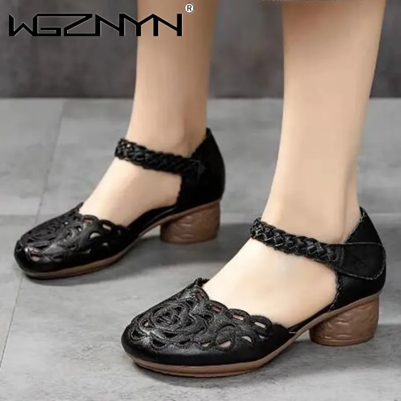 2022,NEW Summer Women\'s Genuine PU Leather Shoes Woman Retro Hollow Out Sandals Female Hook & Loop Heels Ladies Platform Sandal