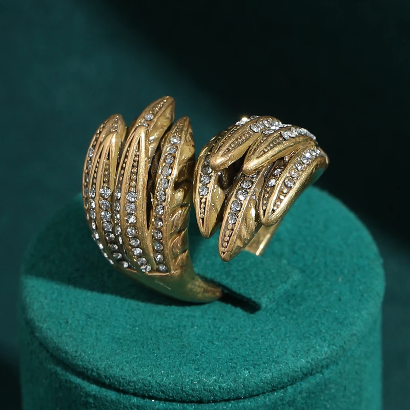 

Antique Gold Plated Vintage Large Feather Rings High Luxury Palace Rhinestone Wing Retro Jewelry Women Art Deco 2026 Wedding