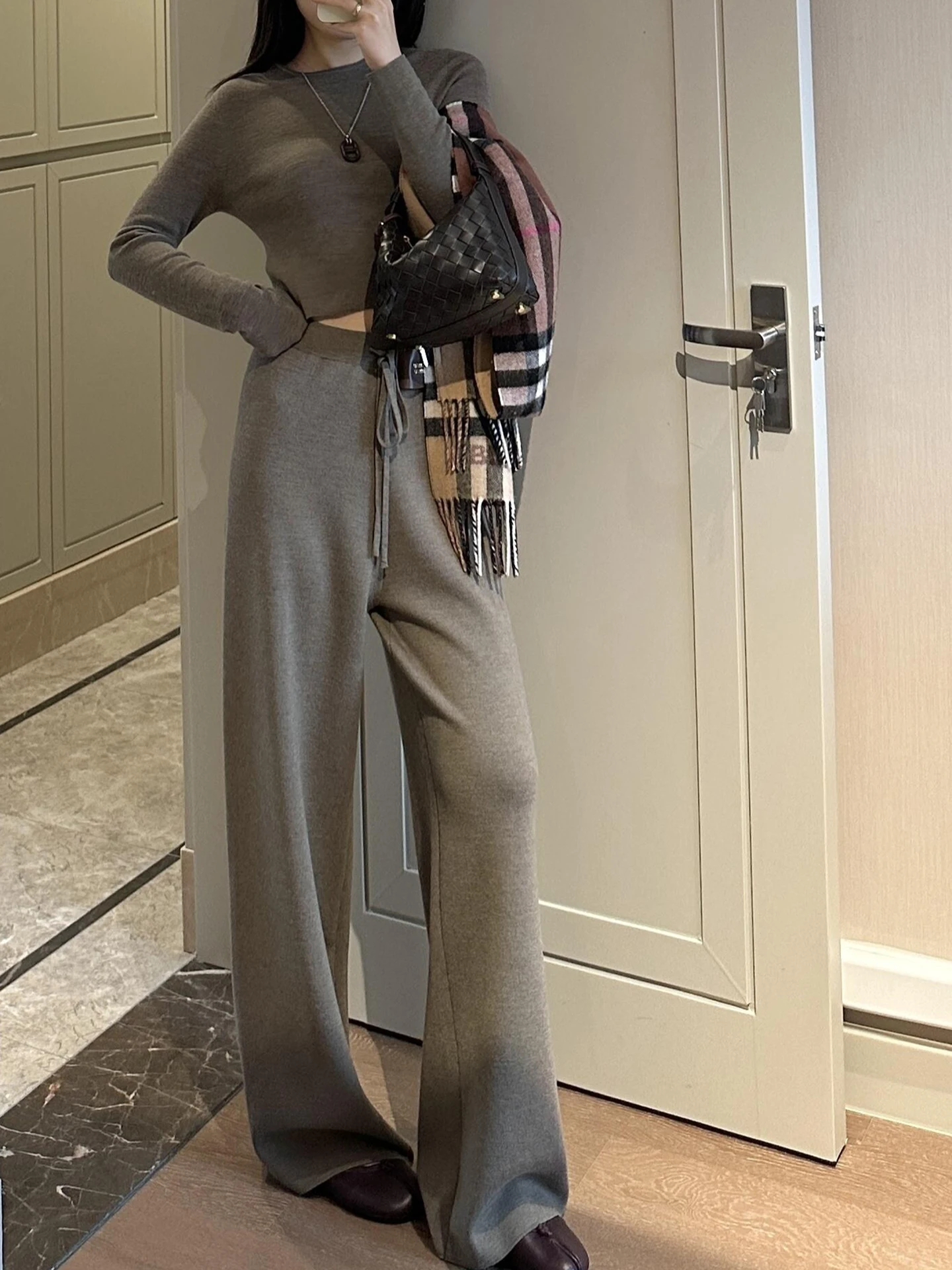 

Emily Clud Recommended Knitted Wide Leg Pants Women's High Waist Drapey Straight Cut Floor Length Trousers Autumn Winter