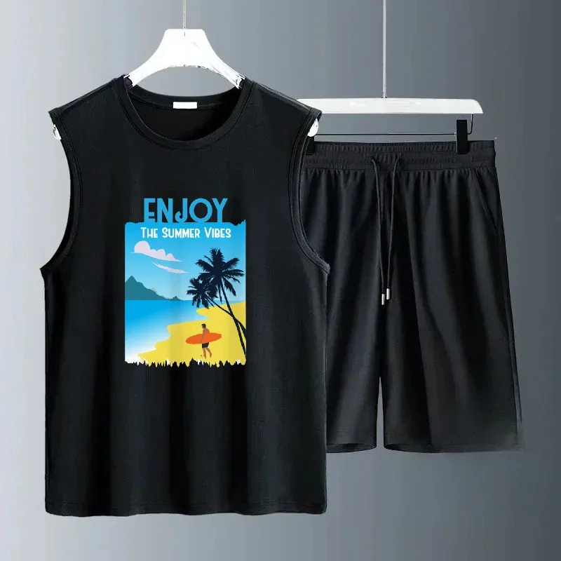 

2025 Blue beach prints Cool feeling Casual Men Sleeveless Summer Set Soft Fabric Loose Fit Comfortable suits men sports clothing