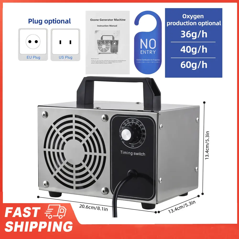 Ozone Generator Stainless Steel Ozone Machine Odor Removal Ionizer Air Purifier Ozone for Home Car Pet with Portable Handle 0-60