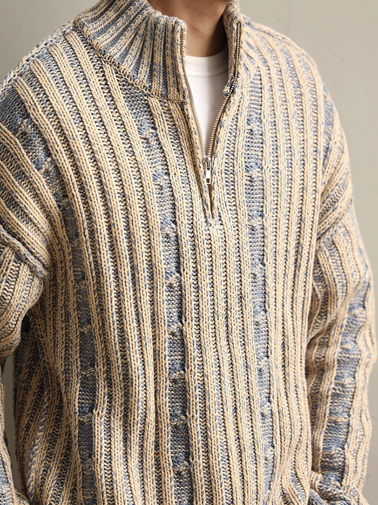 

Fashion Striped Textured Knit Jumper Tops Men's Autumn Winter Casual Zipper Stand Collar Sweater Vintage Knitting Sweaters
