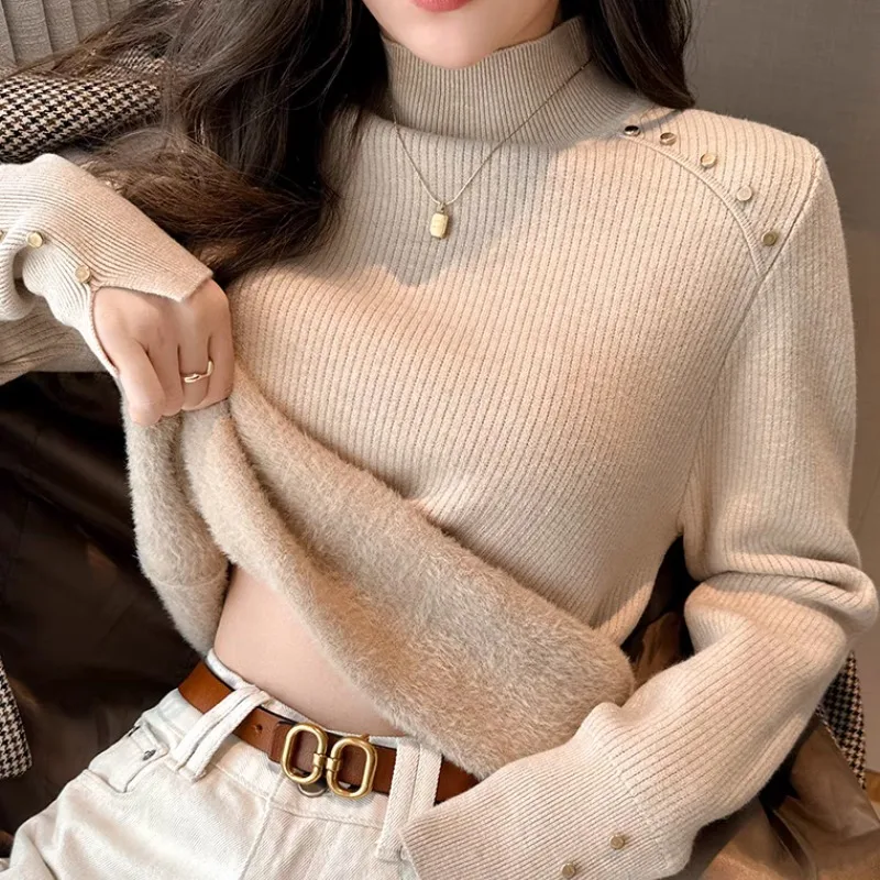 

Women's Autumn Winter Pullover Turtleneck Solid Flocked Screw Thread Lantern Long Sleeve Sweaters Knitted Undershirt Casual Tops