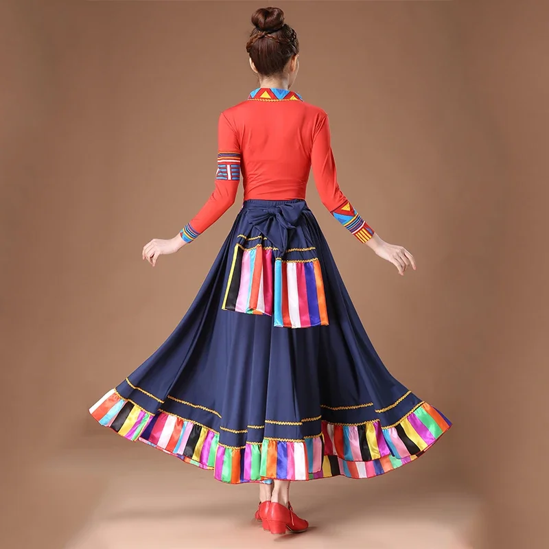 Trajes de dança tibetana, saia longa, estilo étnico feminino, conjunto dividido de duas peças