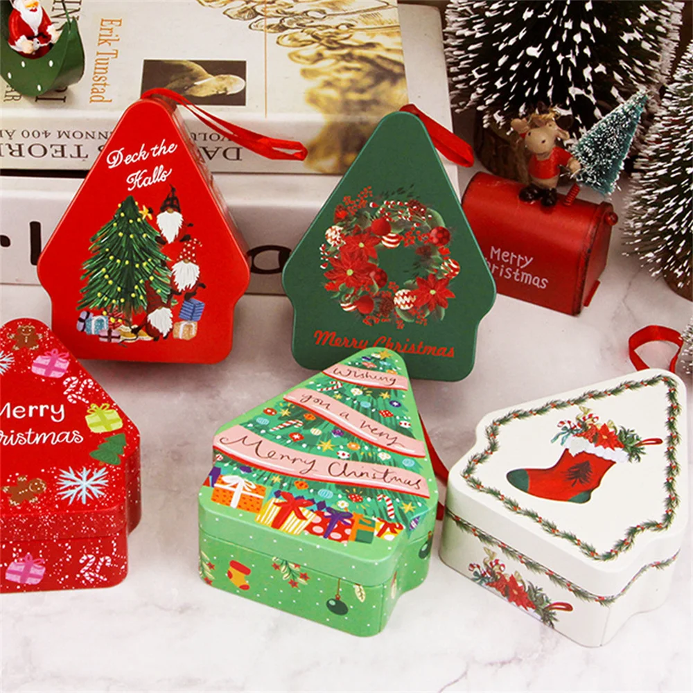 Christmas Tin Gift Box Cartoon Printed Tinplate Boxes Square Candy Storage Containers for Holiday Xmas Packaging Supplies