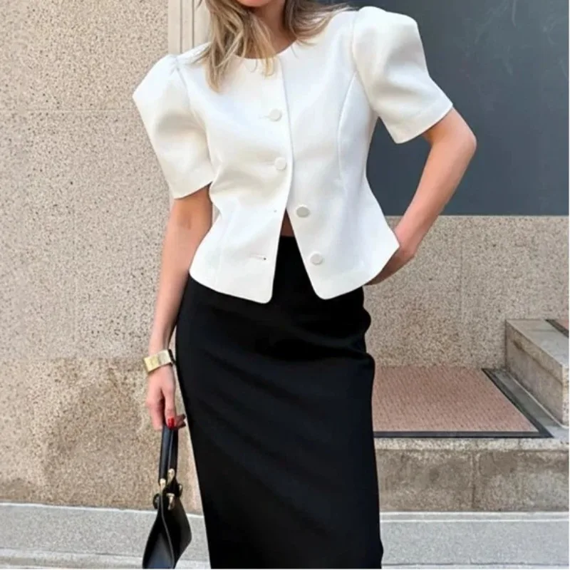 

Women Elegant Puff Sleeve Blazer Commuter Acetic Acid Cardigan Chic Office Lady Short Top
