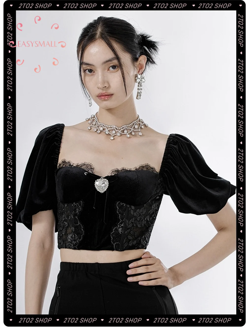 

Easysmall 2023 Spring Short Sleeve Lace Crowd Design Love Diamond Velvet Fish Bone Top Denim Long Evening Dress for Women