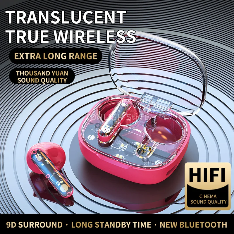 TONLISH Transparent Wireless Bluetooth 5.3 Earphones Headphones with 9D Surround Sound Quality and Hifi Earbuds