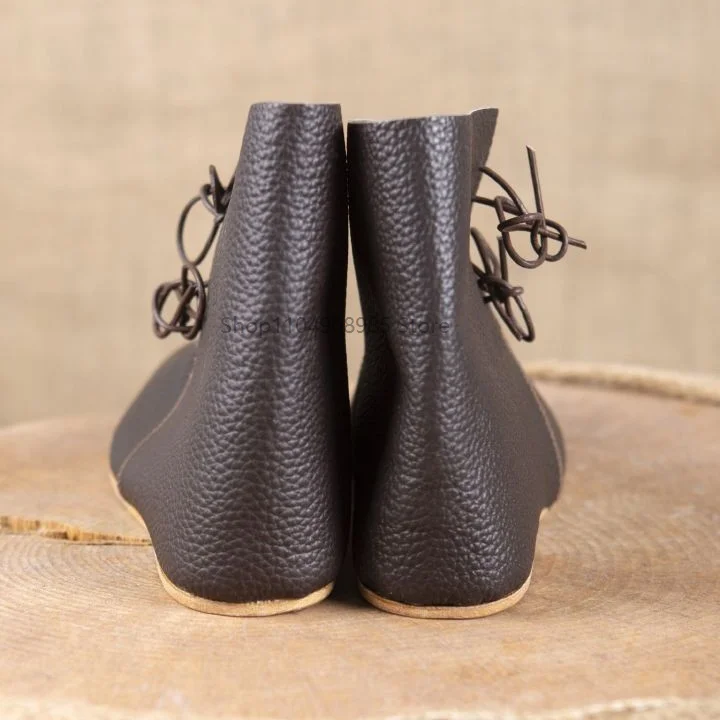 Retro Medieval Men Ankle Boots Pebbled Faux Leather Lace‑up Historical Renaissance Cosplay Costume Shoes For Party Performance 3