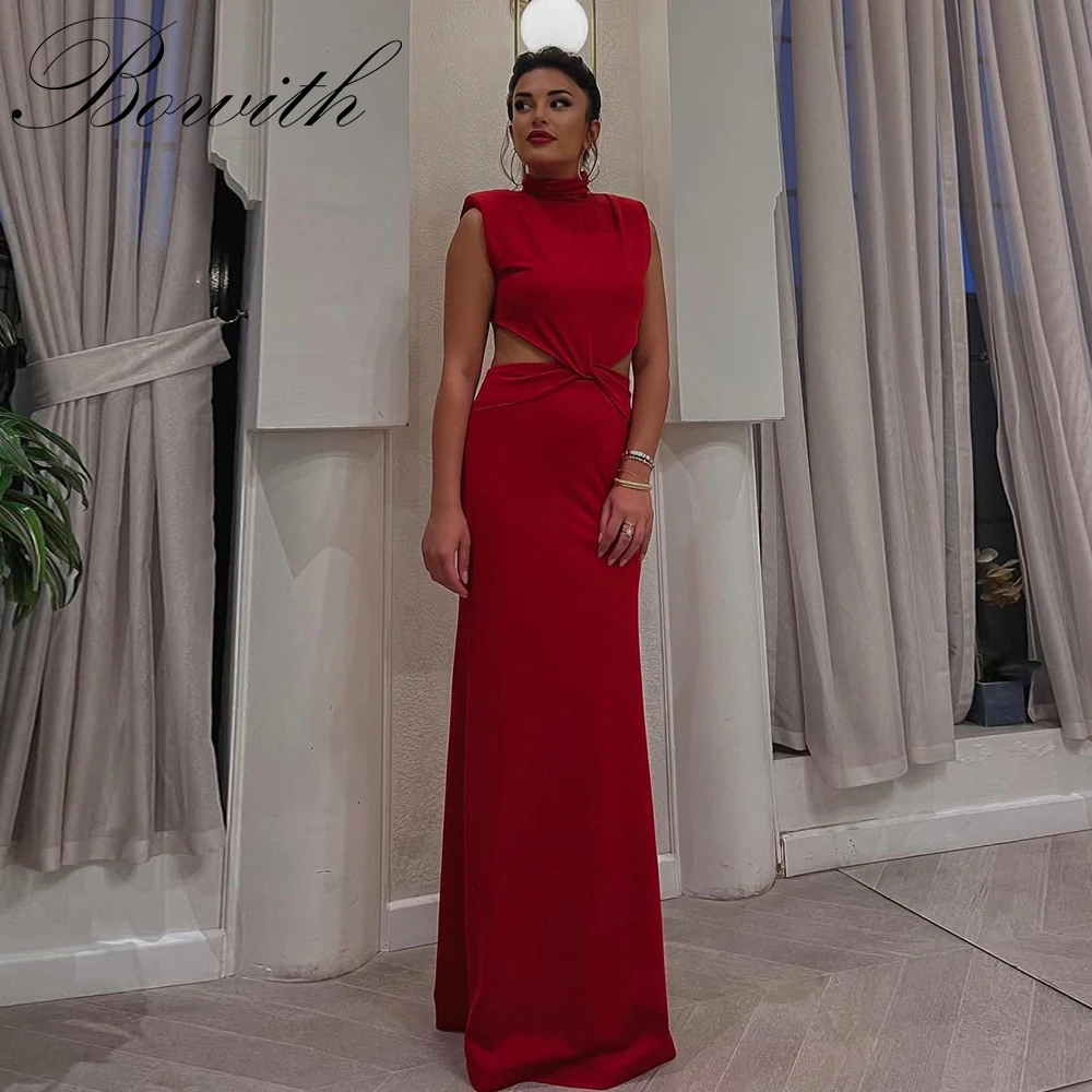 

Bowith Backless Red Evening Dresses High Collar Sleeveless Elegant Floor Length Prom Gowns Evening Party Wedding Guest Dress