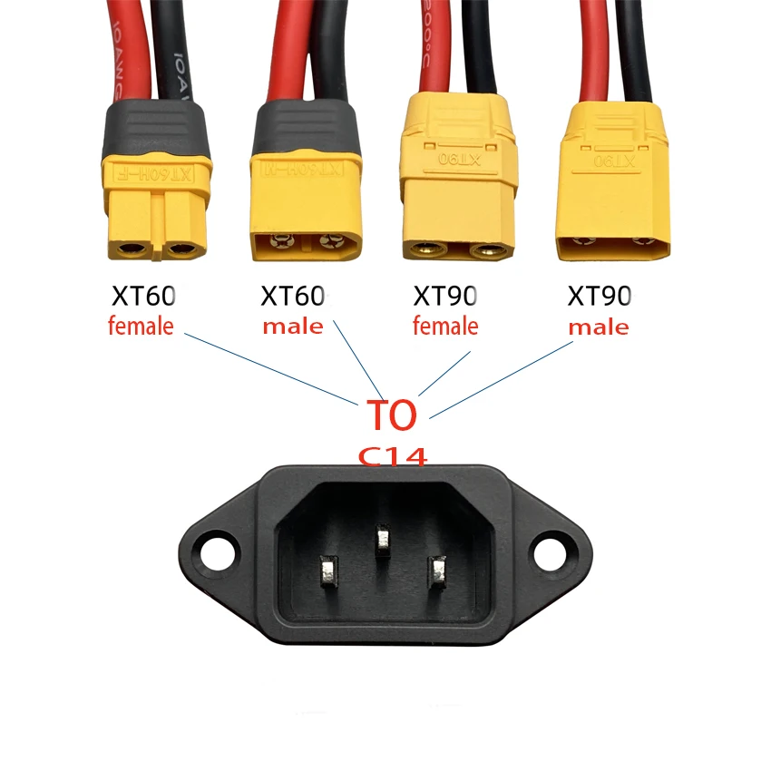 Male Female XT60/XT90 to C14 3pin Power Socket XT60 XT90 Battery Car Charging Wire Connector New Energy E-bike Charging Cable