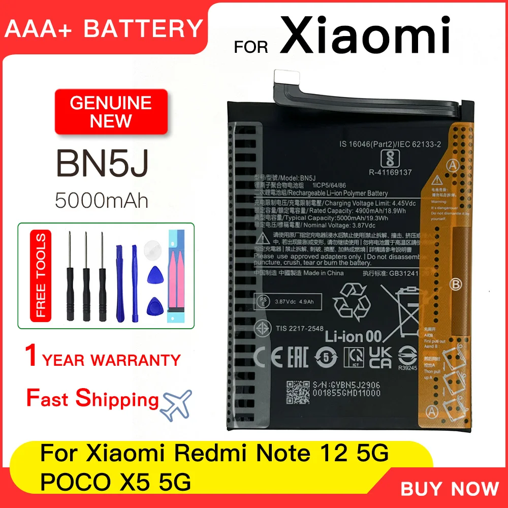 

Genuine 5000mAh BN5J BATTERY For Xiaomi Redmi Note 12 5G Mi POCO X5 5G replacement batteries batteria+Free tools