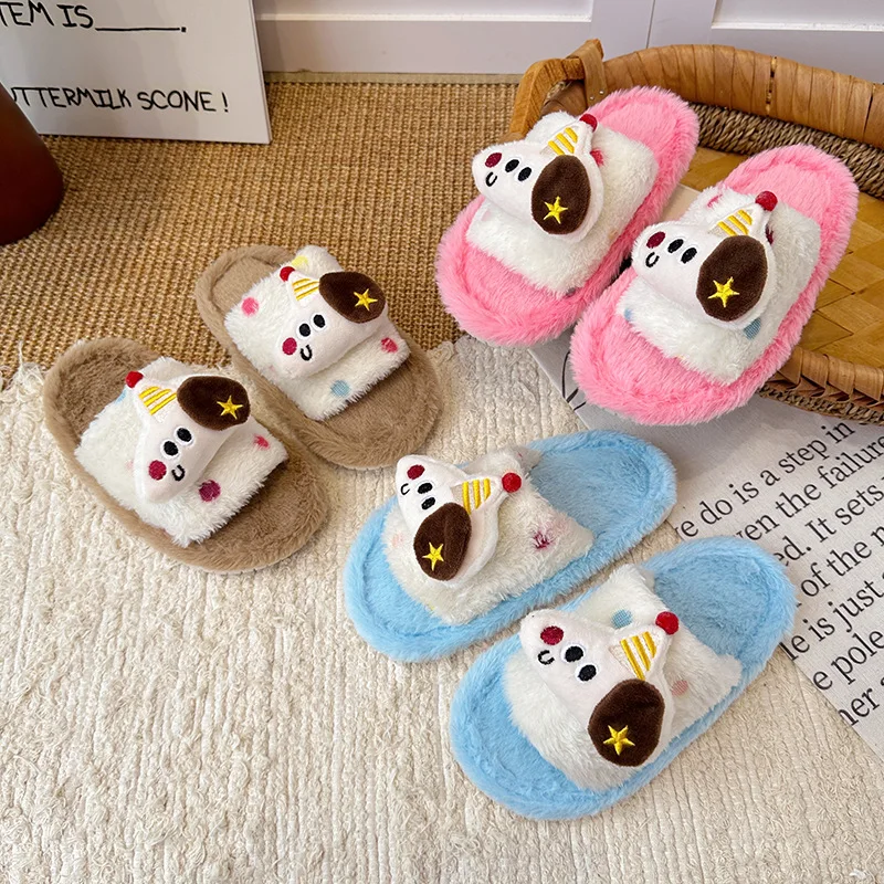 Kids'Slippers Plush Cartoon Solid Color Winter Shoes For Children Anti-slip Thick Bottom Home Slipper Pink Blue Size 26-39