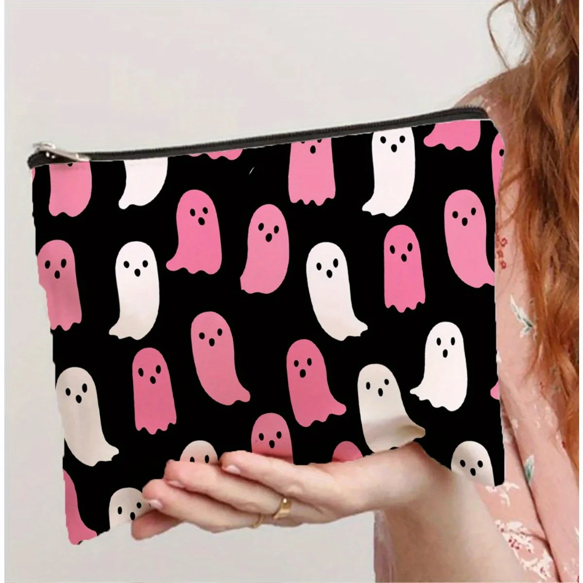 

A Halloween Pink And White Ghost Pattern Makeup Bag- Multifunctional Zipper Pouch, Jewelry Storage Bag, Perfect Travel Zipper Sm