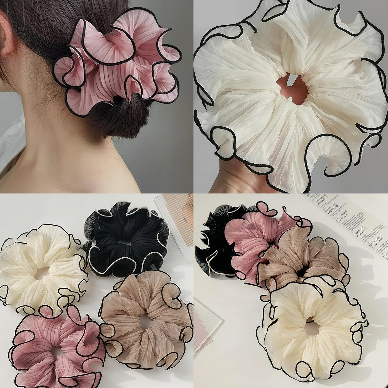 Retro Oversized Wrinkle Chiffon Scrunchies For Women Girls Sweet Temperament Fashion Exaggerated Hair Band Hair Accessories