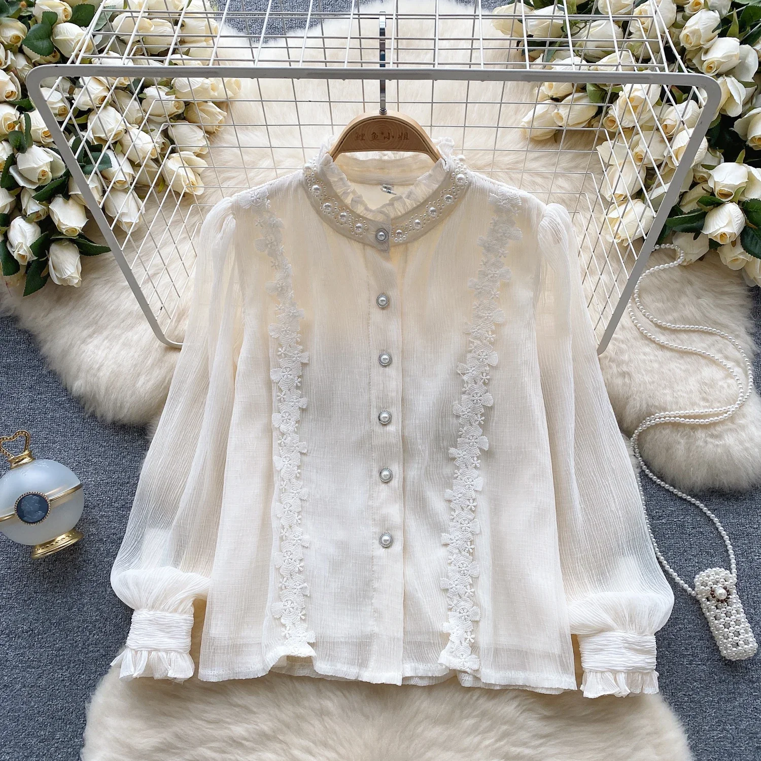 Basics Long Sleeves Casual Stand Neck Hotsweet Vintage Embroidered Beads Lace Fashion Loose Top French High Street Autumn Blouse