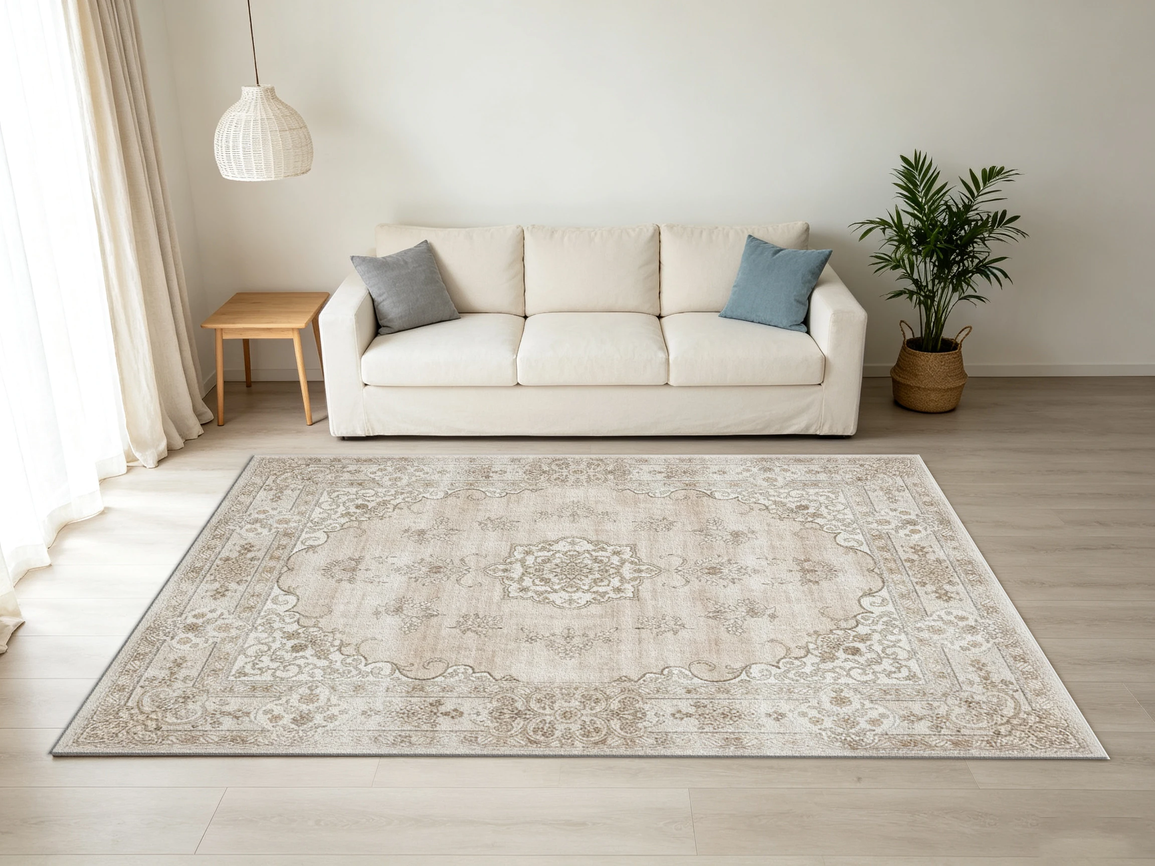 Vintage Neutral Medallion Square Carpet Flooring Faded Floral Motif Rug for Living Room Interior Decor