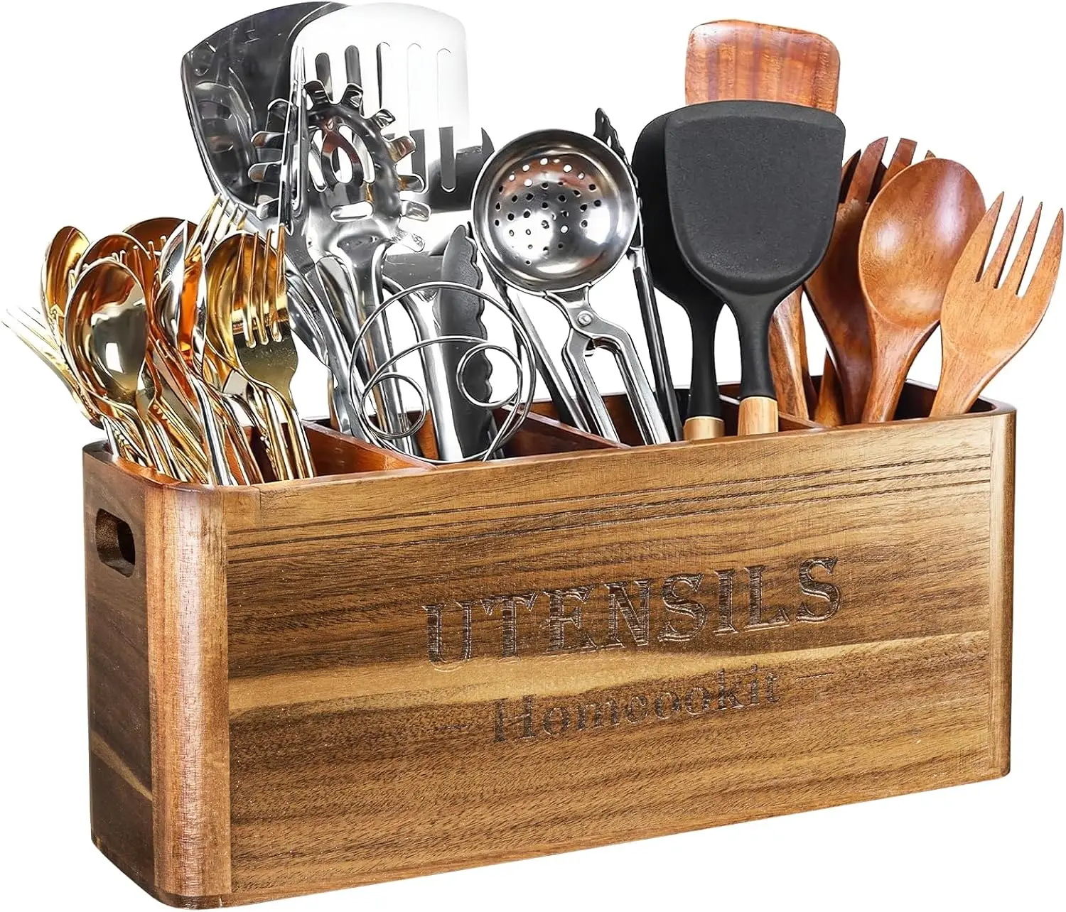 

Utensil Holder for Kitchen Countertop, Extra Large Acacia Wood Organizer, 4-Compartment Storage for