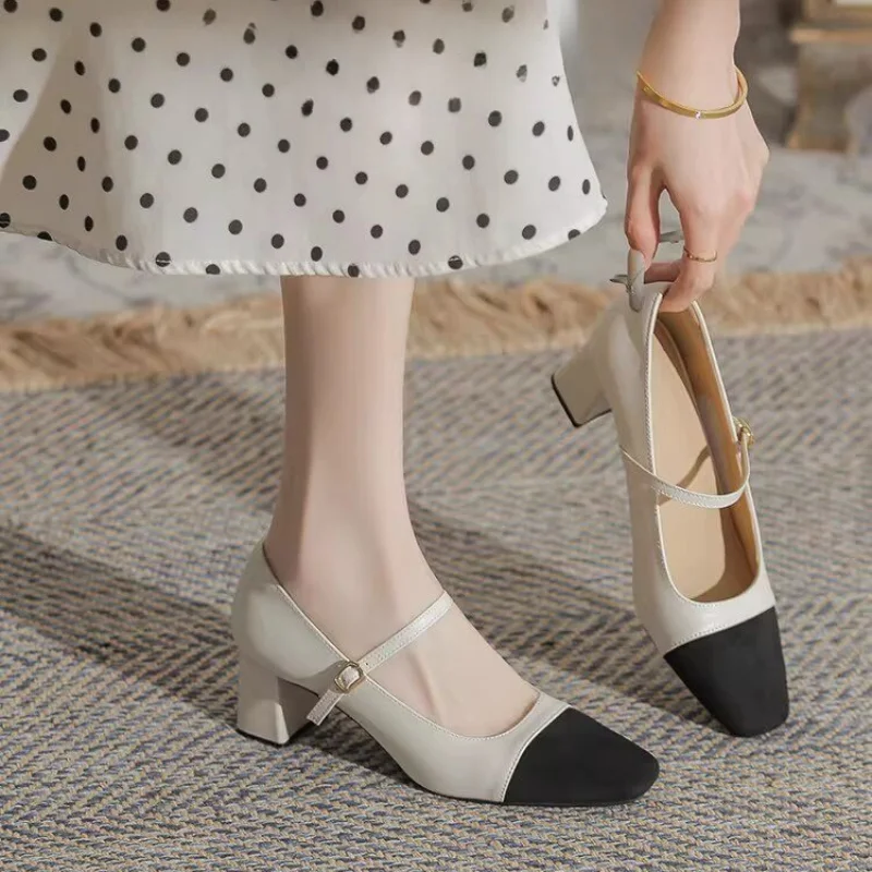 Women French Retro Color Block Mary Jane Pumps Square Toe Block Heel One Strap Buckle Shoes Elegant Commute Shallow High Heels