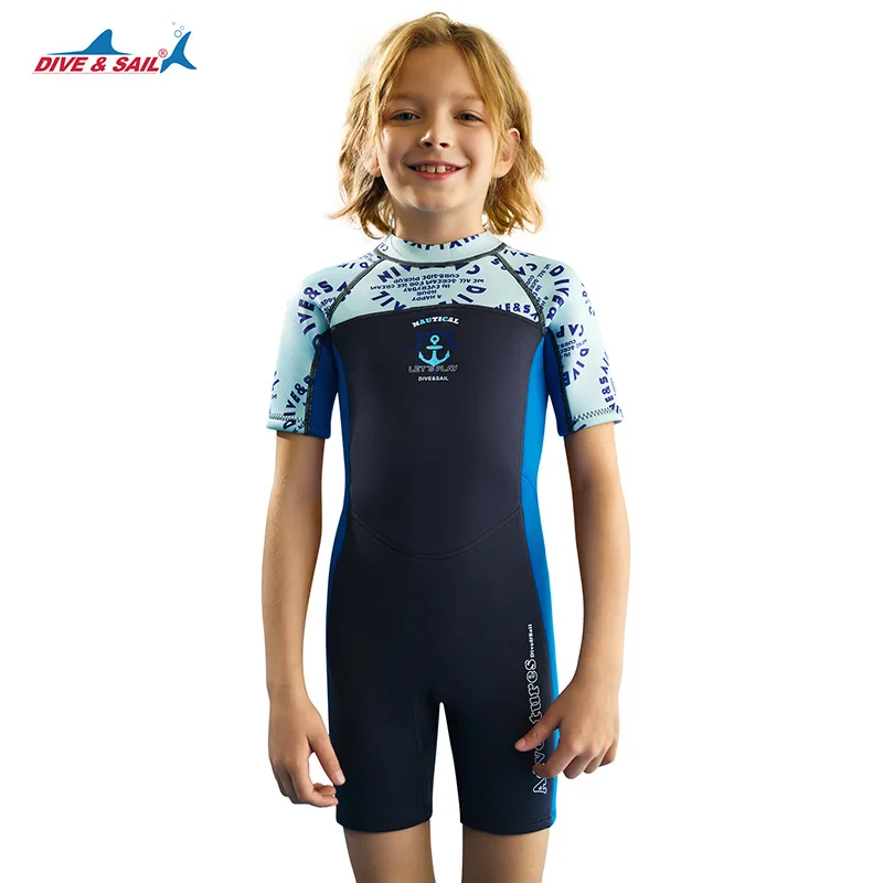 Kids 1.5MM Thermal Short Sleeve One Piece Neoprene Wetsuit Cold Proof Winter Swimsuit for Snorkeling Surfing Swimming