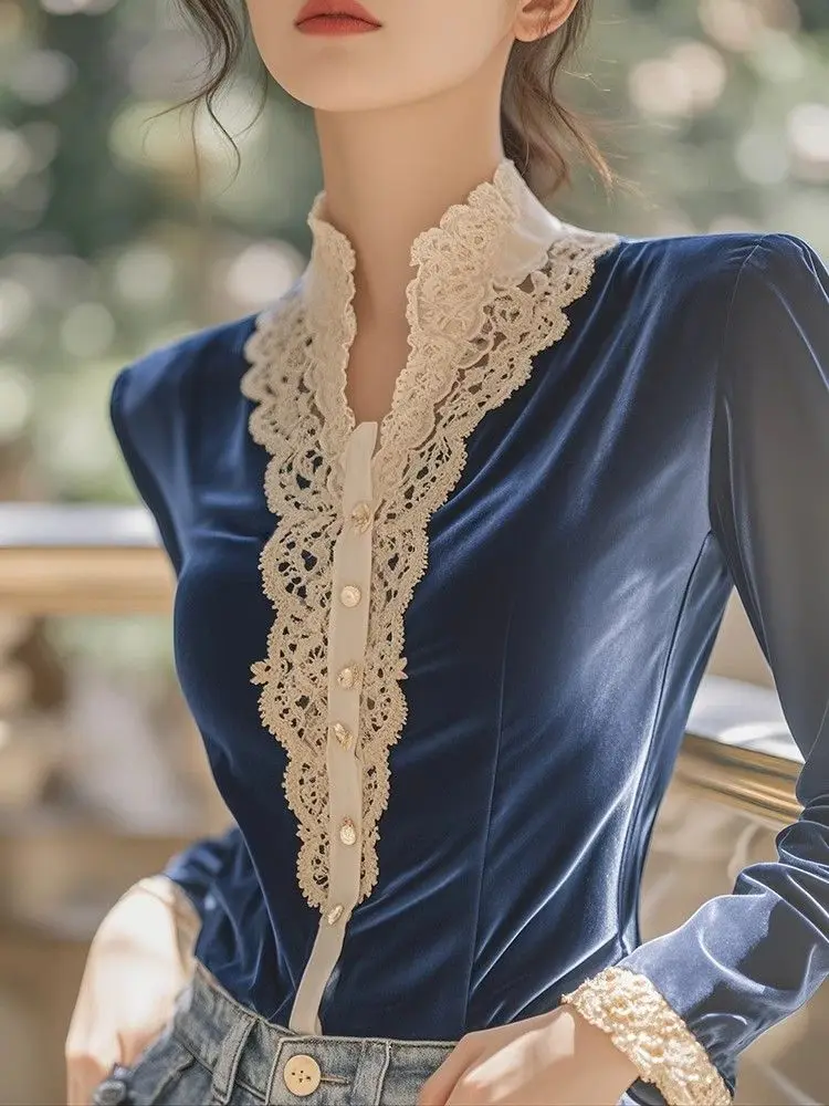 2025 Spring Fall Women Lace Patchwork V Neck Navy Wine Red Velvet Top Shirt , Woman Clothing Slim Velour Tops Shirts